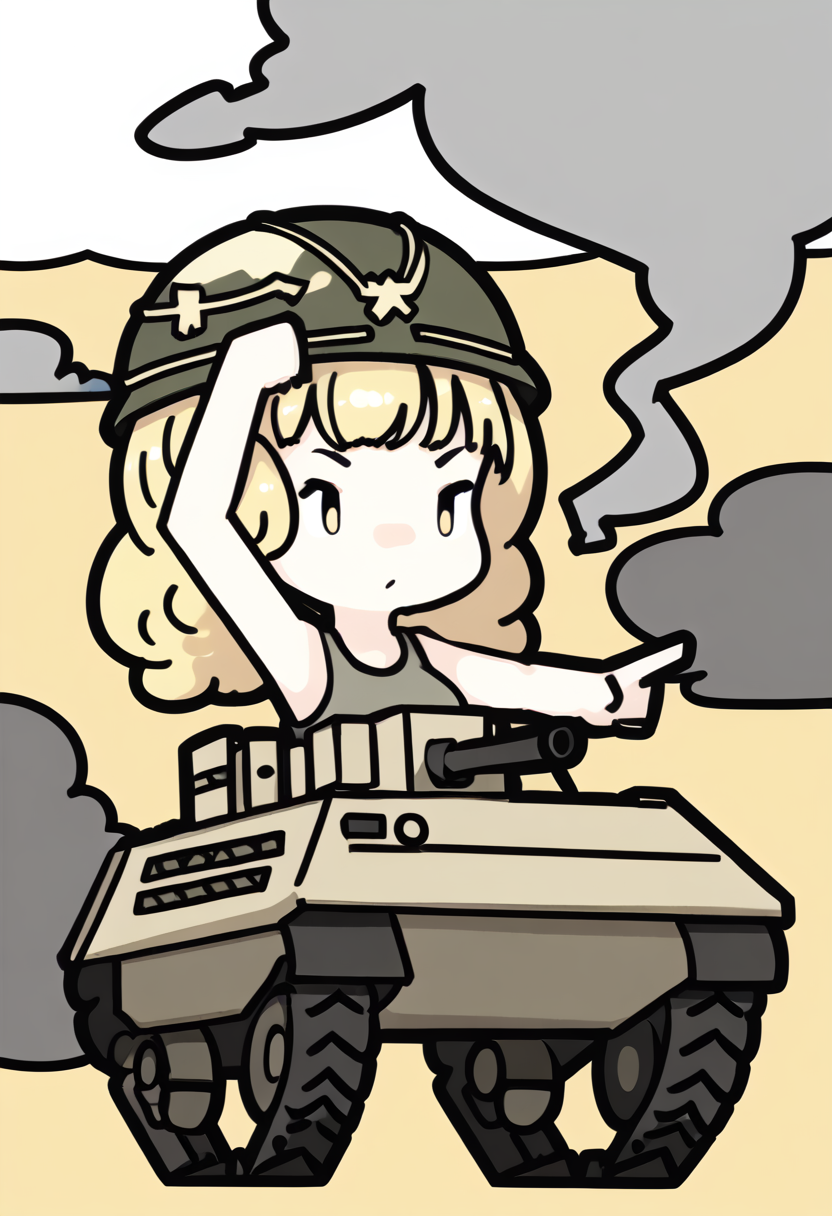 33967-869862313-1girl,(chibi_1.2),battlefield,tank,army,flag,helmet,one arm up,pointing forward,smoke,tank,on vehicle, __lora_RabbitAndSteelXLLo.png